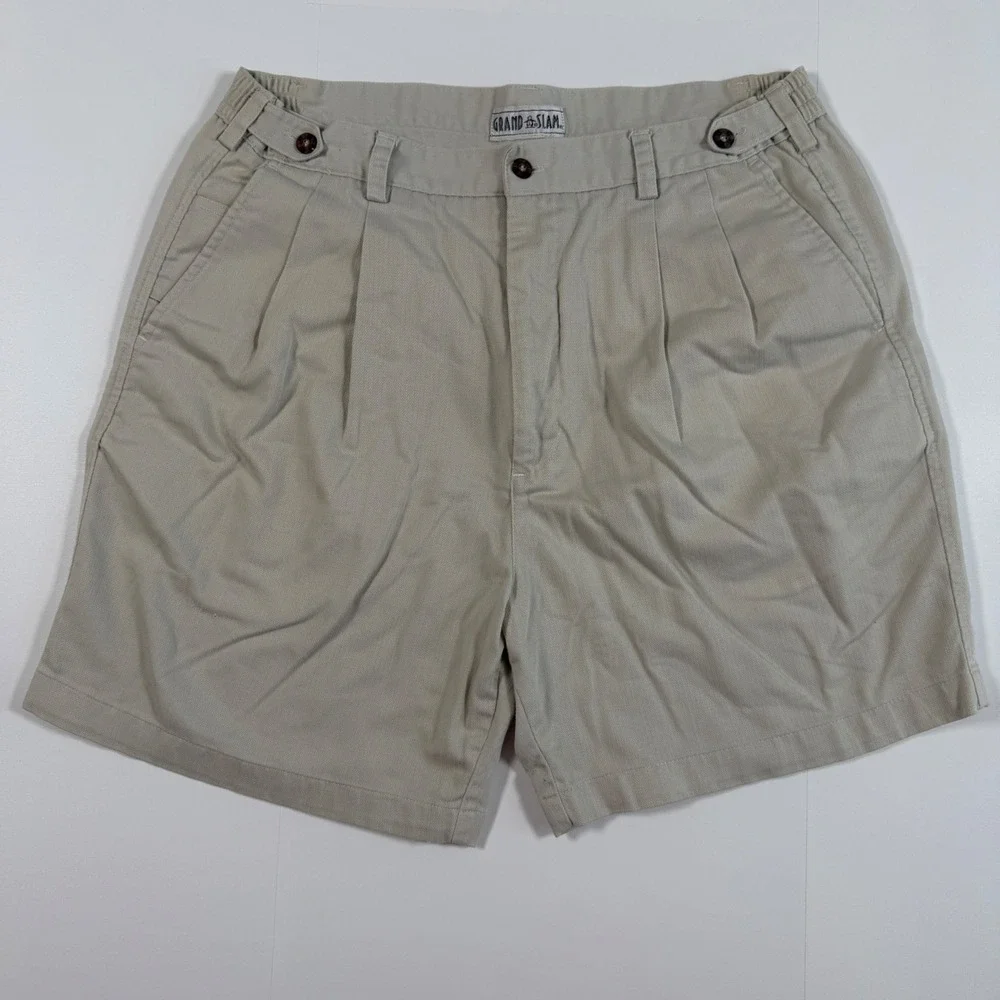 Grand Slam Munsingwear Shorts 38 Pleated Cotton Blend Khaki Herringbone Golf